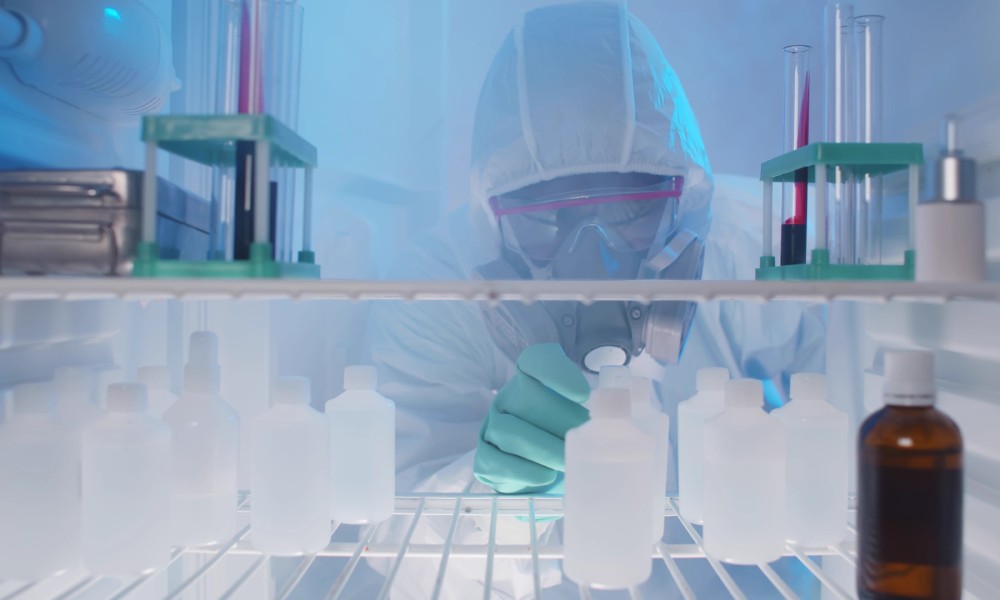 A researcher wearing PPE, opening a lab refrigerator and inspecting chemical bottles in a temperature controlled environment.